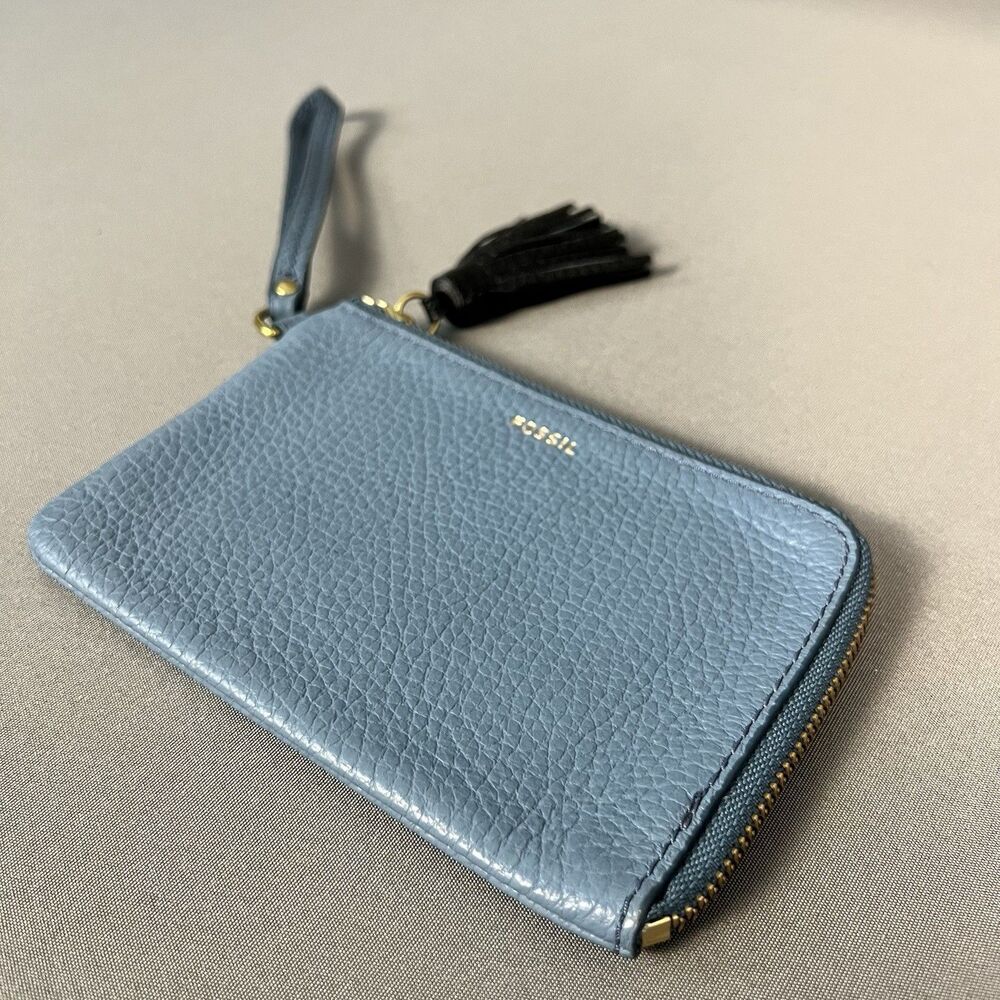 Fossil Wristlet Wallet Teal Pebbled Leather, Gold Embossed Logo